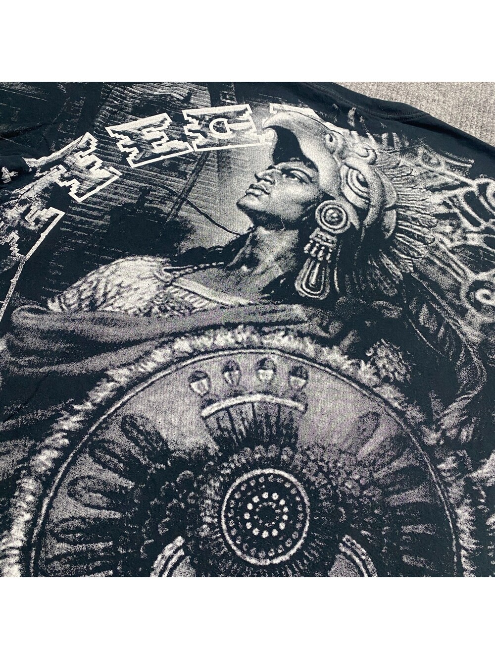 VTG Mayan Aztec Warrior Tribal Shirt Mens XL Black Double Sided All Over Print